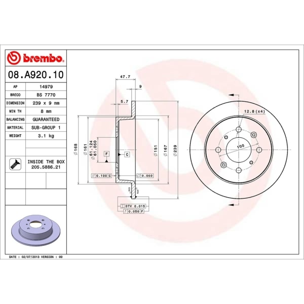 brembo OE Replacement Solid Rear Brake Rotor 08.A920.10