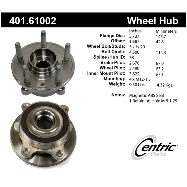 Centric Premium™ Front Driver Side Driven Wheel Bearing and Hub Assembly 401.61002