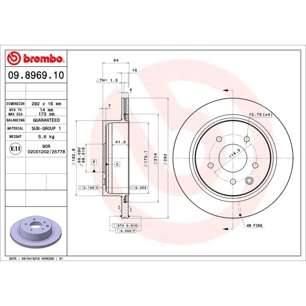 brembo OE Replacement Vented Rear Brake Rotor 09.8969.10