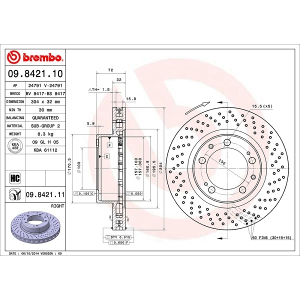 brembo UV Coated Series Drilled Front Passenger Side Brake Rotor 09.8421.11