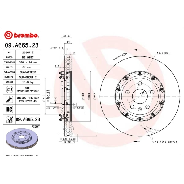 brembo OE Replacement Vented Front Passenger Side Brake Rotor 09.A665.23