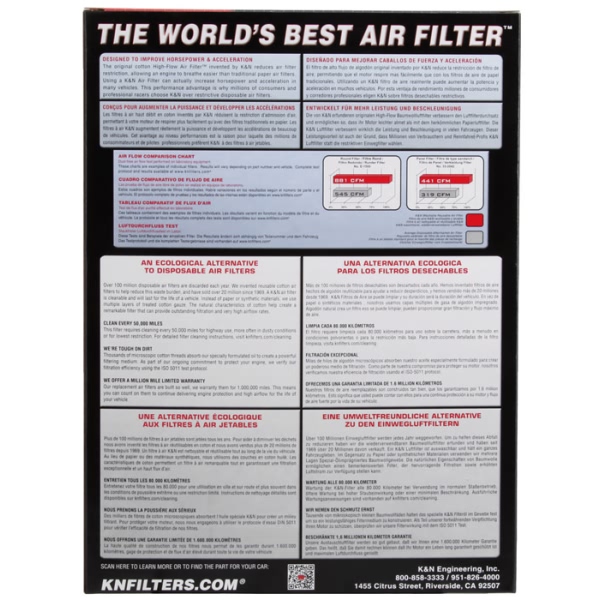K&N 33 Series Panel Red Air Filter （11" L x 10.031" W x 2.25" H) 33-5005