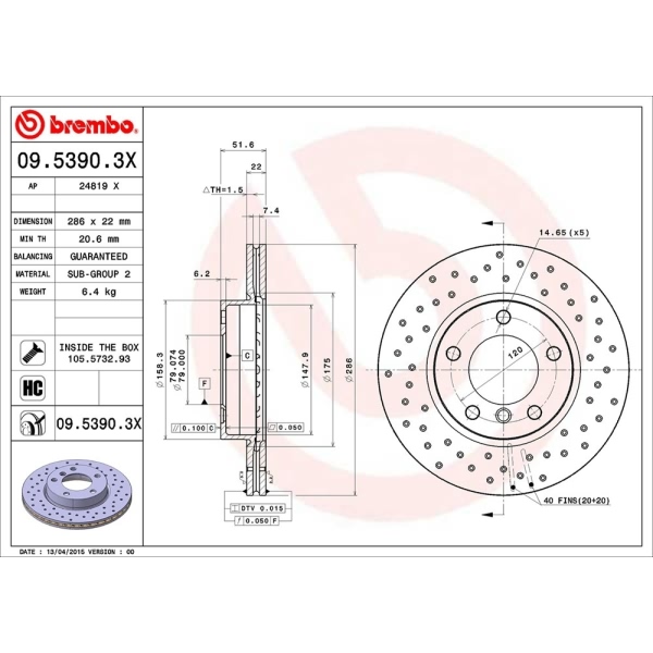 brembo Premium Xtra Cross Drilled UV Coated 1-Piece Front Brake Rotors 09.5390.3X