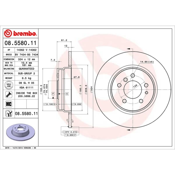 brembo UV Coated Series Solid Rear Brake Rotor 08.5580.11