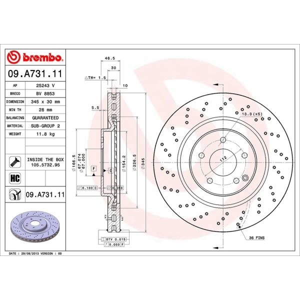 brembo UV Coated Series Drilled Vented Front Brake Rotor 09.A731.11