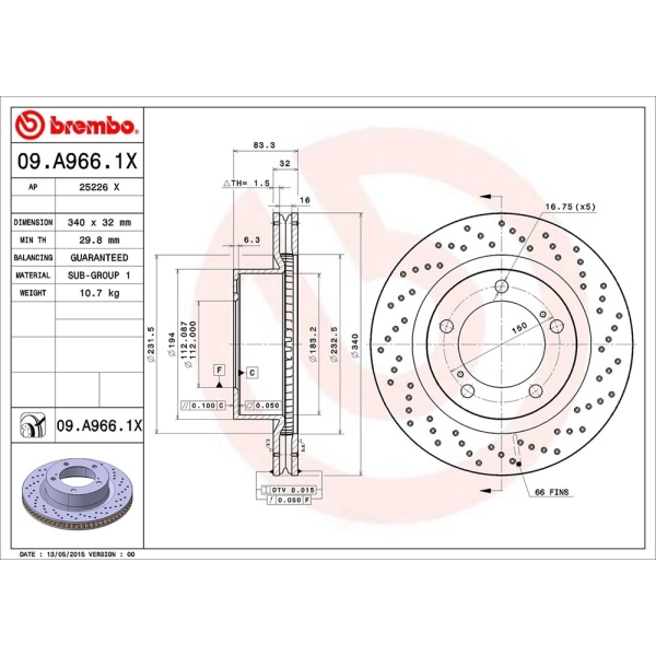 brembo Premium Xtra Cross Drilled UV Coated 1-Piece Front Brake Rotors 09.A966.1X