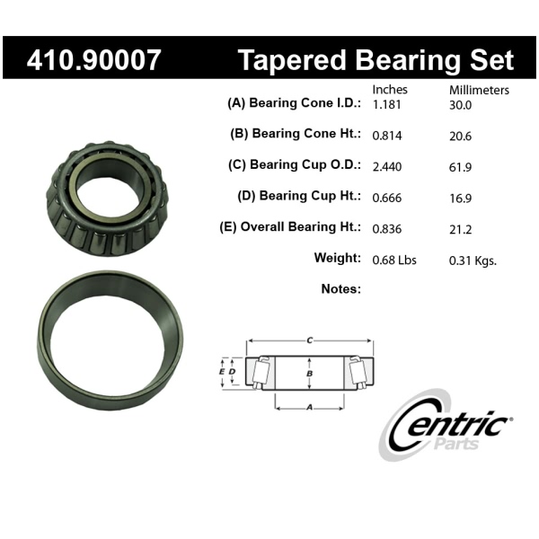 Centric Premium™ Front Passenger Side Inner Wheel Bearing and Race Set 410.90007