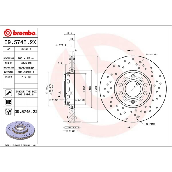 brembo Premium Xtra Cross Drilled UV Coated 1-Piece Front Brake Rotors 09.5745.2X