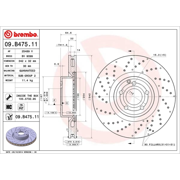 brembo UV Coated Series Drilled Vented Front Brake Rotor 09.B475.11