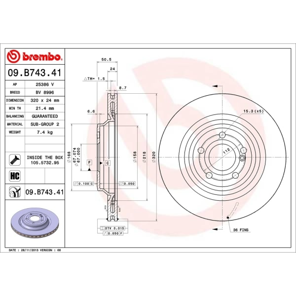 brembo UV Coated Series Vented Rear Brake Rotor 09.B743.41