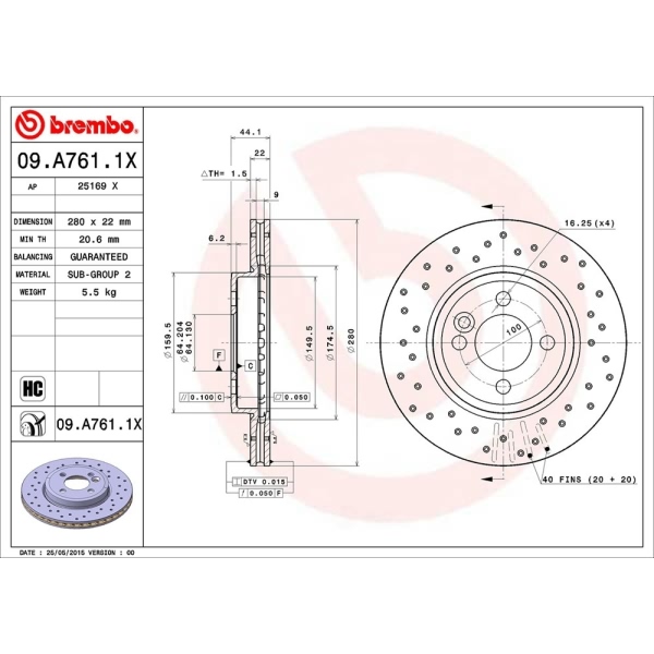brembo Premium Xtra Cross Drilled UV Coated 1-Piece Front Brake Rotors 09.A761.1X