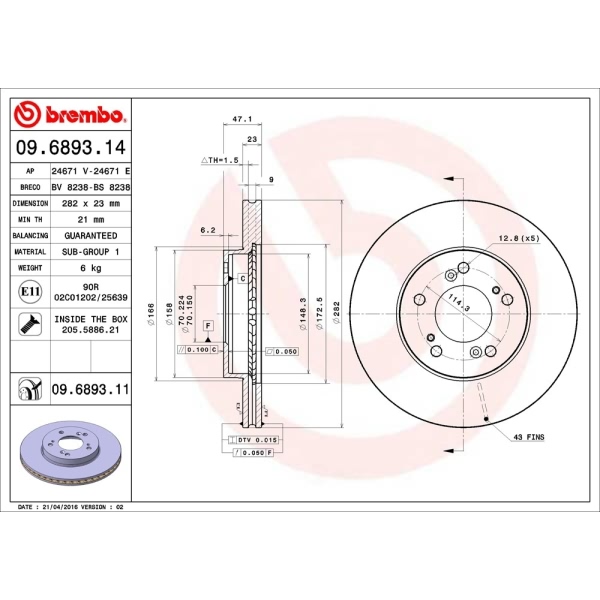 brembo UV Coated Series Vented Front Brake Rotor 09.6893.11