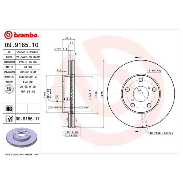 brembo UV Coated Series Vented Front Brake Rotor 09.9185.11