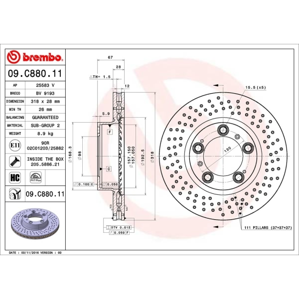 brembo UV Coated Series Drilled Vented Front Passenger Side Brake Rotor 09.C880.11
