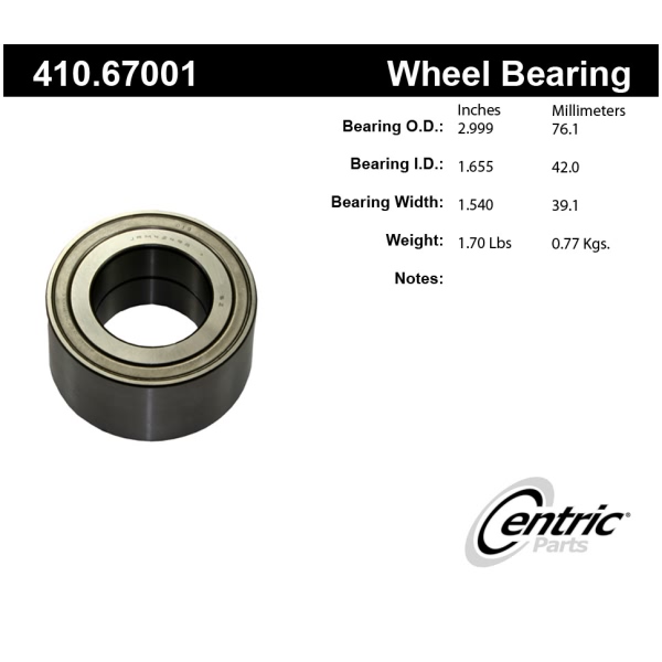 Centric Premium™ Front Passenger Side Wheel Bearing 410.67001