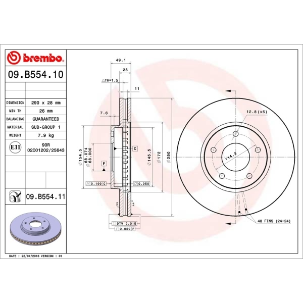 brembo UV Coated Series Vented Front Brake Rotor 09.B554.11