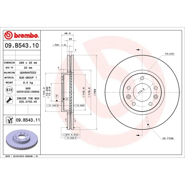 brembo UV Coated Series Vented Front Brake Rotor 09.B543.11