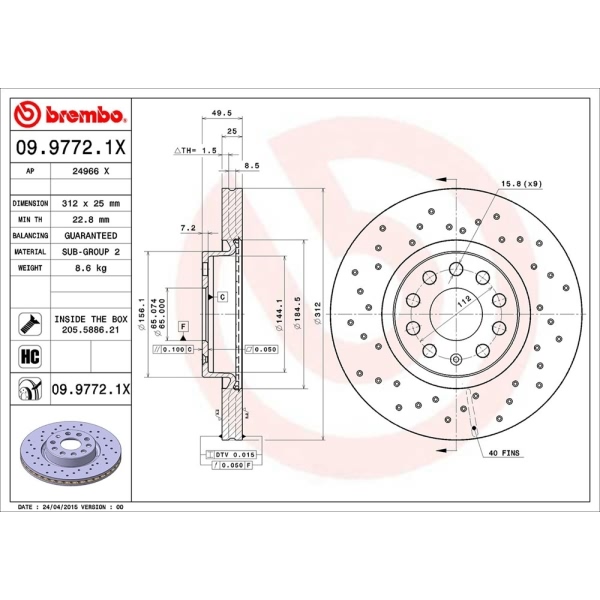 brembo Premium Xtra Cross Drilled UV Coated 1-Piece Front Brake Rotors 09.9772.1X