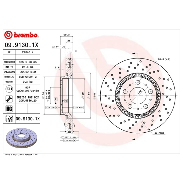 brembo Premium Xtra Cross Drilled UV Coated 1-Piece Front Brake Rotors 09.9130.1X