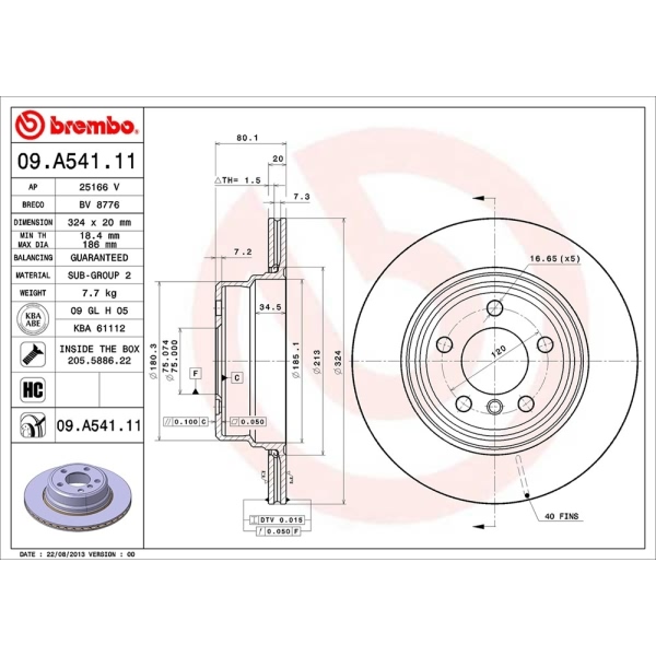 brembo UV Coated Series Vented Rear Brake Rotor 09.A541.11