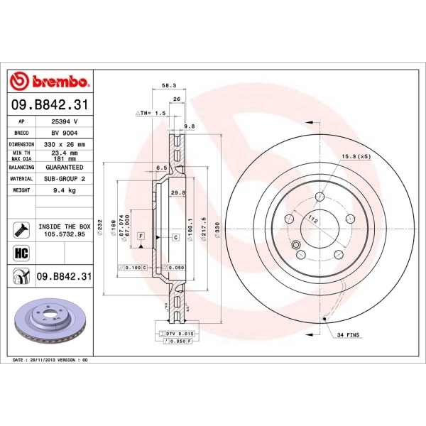 brembo UV Coated Series Vented Rear Brake Rotor 09.B842.31