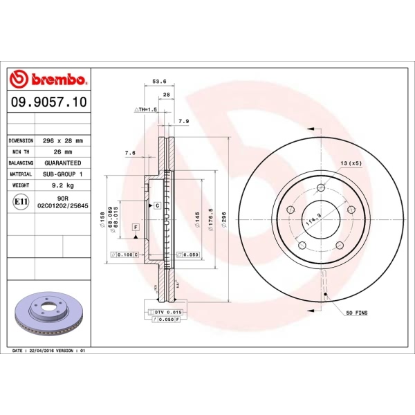 brembo OE Replacement Vented Front Brake Rotor 09.9057.10