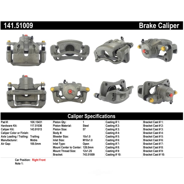 Centric Remanufactured Semi-Loaded Front Passenger Side Brake Caliper 141.51009