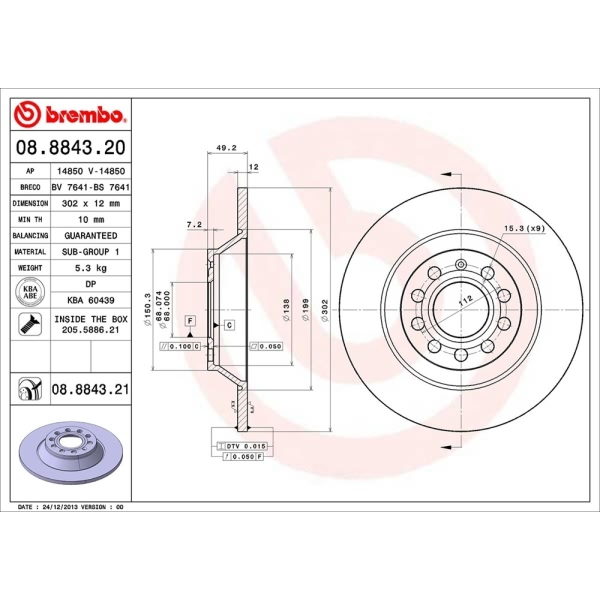 brembo UV Coated Series Solid Rear Brake Rotor 08.8843.21