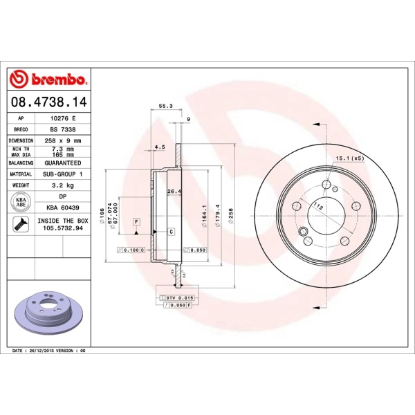 brembo OE Replacement Solid Rear Brake Rotor 08.4738.14
