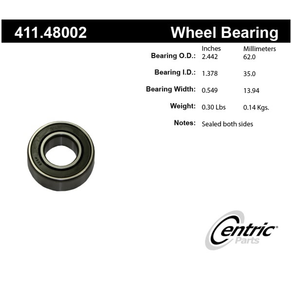 Centric Premium™ Front Passenger Side Inner Single Row Wheel Bearing 411.48002