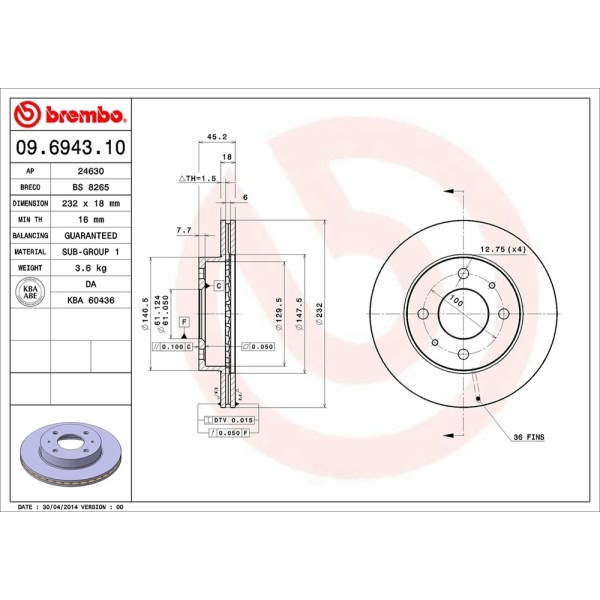 brembo OE Replacement Vented Front Brake Rotor 09.6943.10