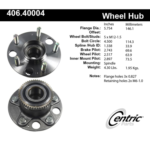 Centric C-Tek™ Rear Driver Side Standard Non-Driven Wheel Bearing and Hub Assembly 406.40004E