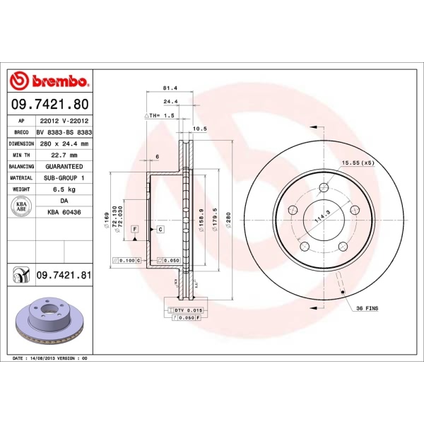 brembo UV Coated Series Vented Front Brake Rotor 09.7421.81