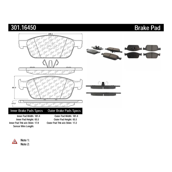 Centric Premium Ceramic Front Disc Brake Pads 301.16450