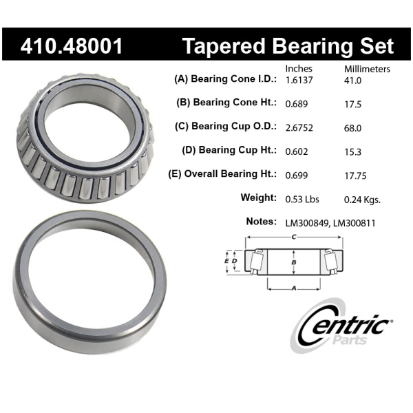 Centric Premium™ Front Passenger Side Inner Wheel Bearing and Race Set 410.48001