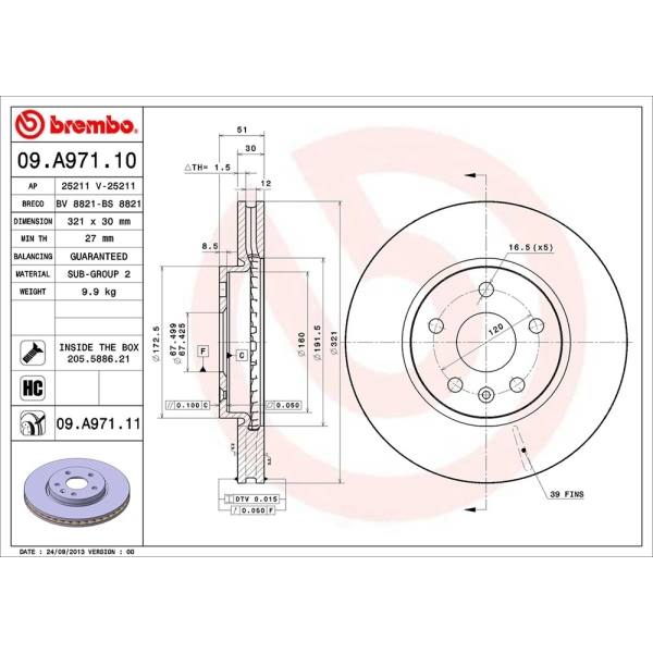 brembo UV Coated Series Vented Front Brake Rotor 09.A971.11