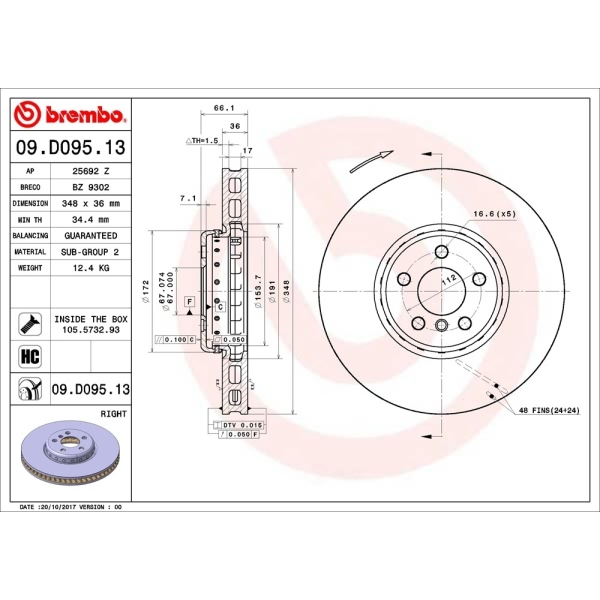brembo OE Replacement Vented Front Passenger Side Brake Rotor 09.D095.13