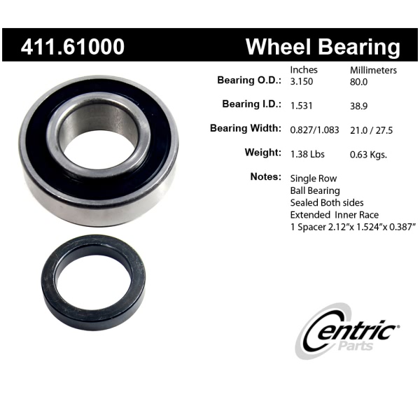 Centric Premium™ Rear Driver Side Single Row Wheel Bearing 411.61000