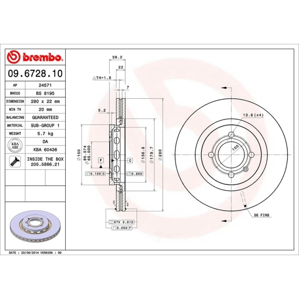 brembo OE Replacement Vented Front Brake Rotor 09.6728.10