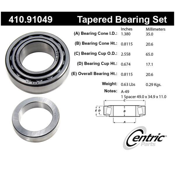 Centric Premium™ Rear Driver Side Wheel Bearing and Race Set 410.91049