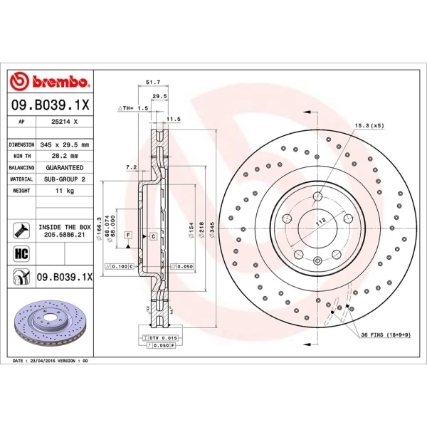 brembo Premium Xtra Cross Drilled UV Coated 1-Piece Front Brake Rotors 09.B039.1X