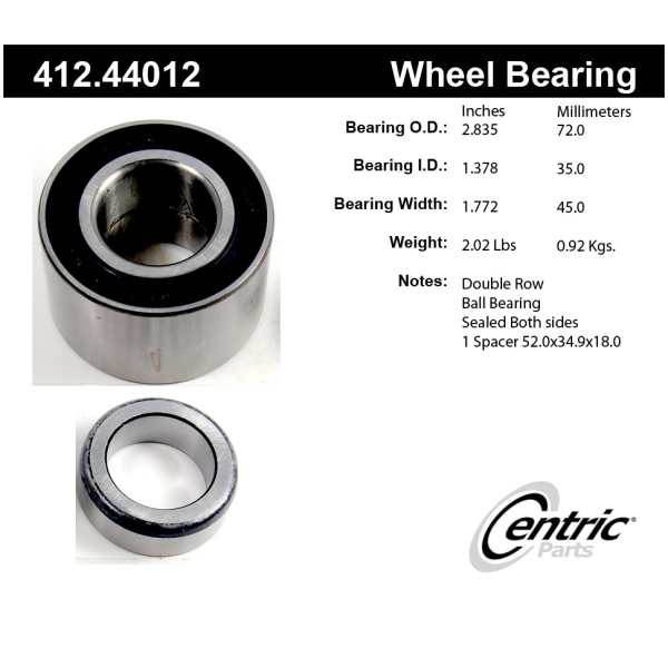 Centric Premium™ Rear Passenger Side Double Row Wheel Bearing 412.44012