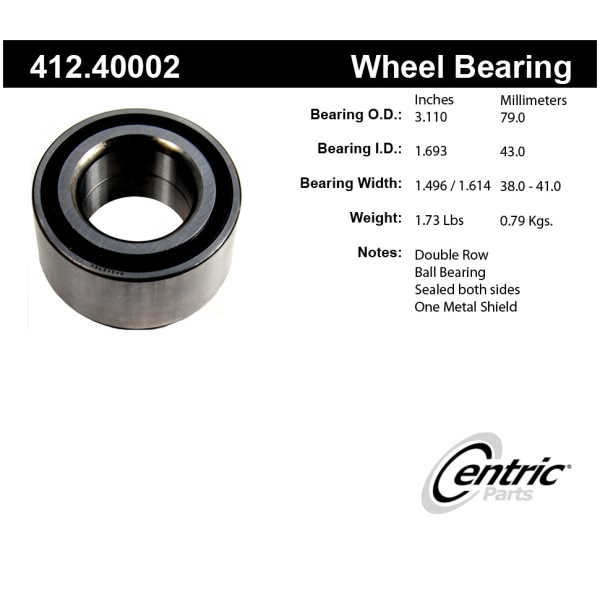 Centric Premium™ Front Passenger Side Double Row Wheel Bearing 412.40002