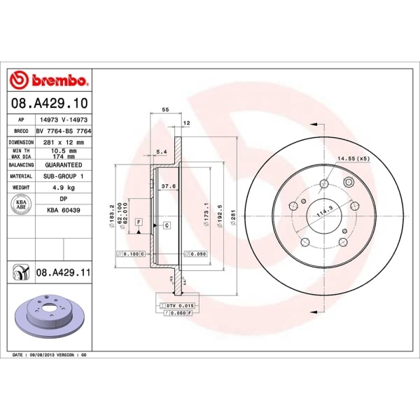 brembo UV Coated Series Rear Brake Rotor 08.A429.11