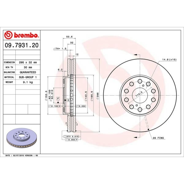 brembo OE Replacement Vented Front Brake Rotor 09.7931.20