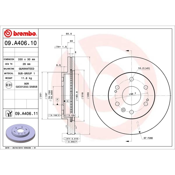 brembo UV Coated Series Vented Front Brake Rotor 09.A406.11
