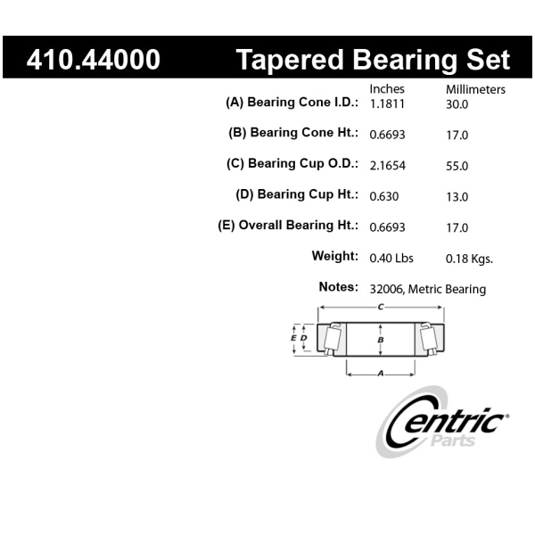 Centric Premium™ Rear Passenger Side Inner Wheel Bearing and Race Set 410.44000