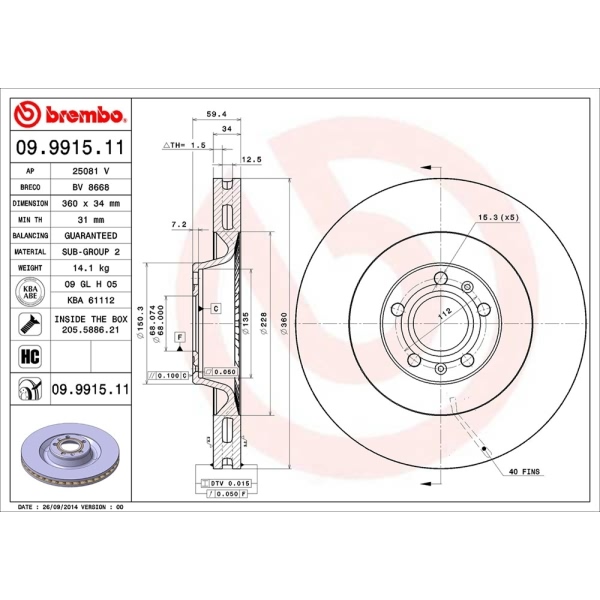 brembo UV Coated Series Vented Front Brake Rotor 09.9915.11