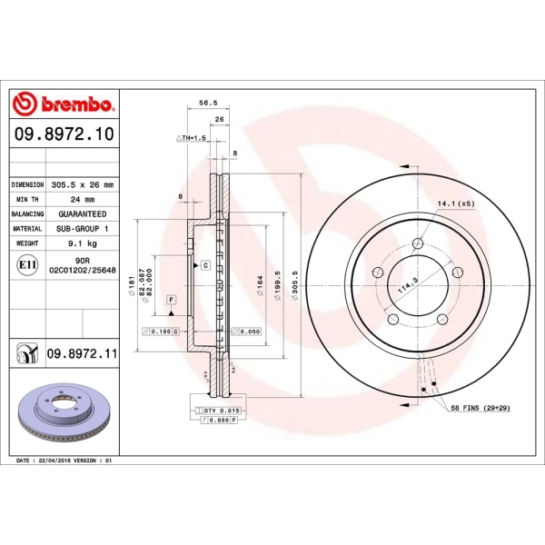 brembo UV Coated Series Vented Front Brake Rotor 09.8972.11