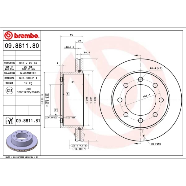 brembo UV Coated Series Vented Rear Brake Rotor 09.8811.81